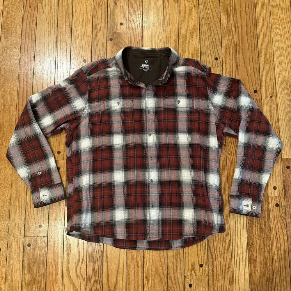 KÜHL The Law Flannel Men’s XL Red Brown Cream Plaid Shirt 7373 Outdoor
